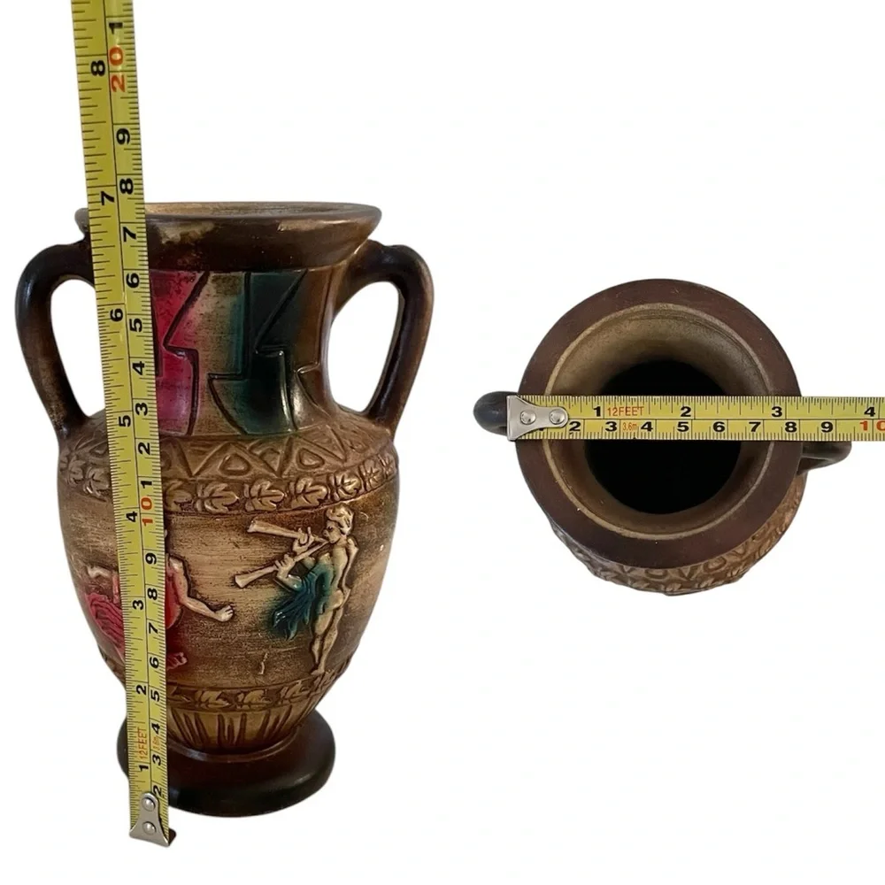 Vintage Norleans Japan Ceramic Double Handle Vase with Red and Blue Accents